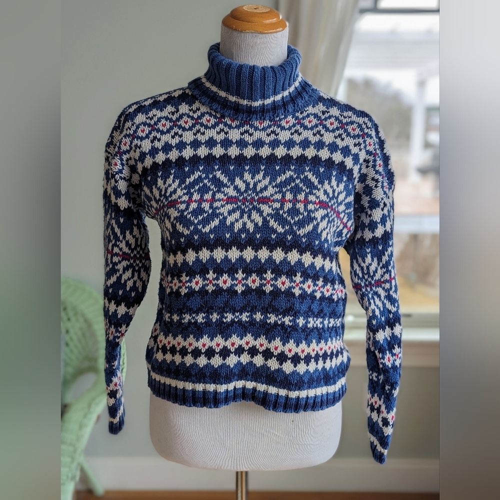 Vintage 90s Bravo Turtleneck Cropped Blue Cotton Blend Sweater M Retro Boho